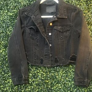 Cropped Black Distressed Denim Jacket